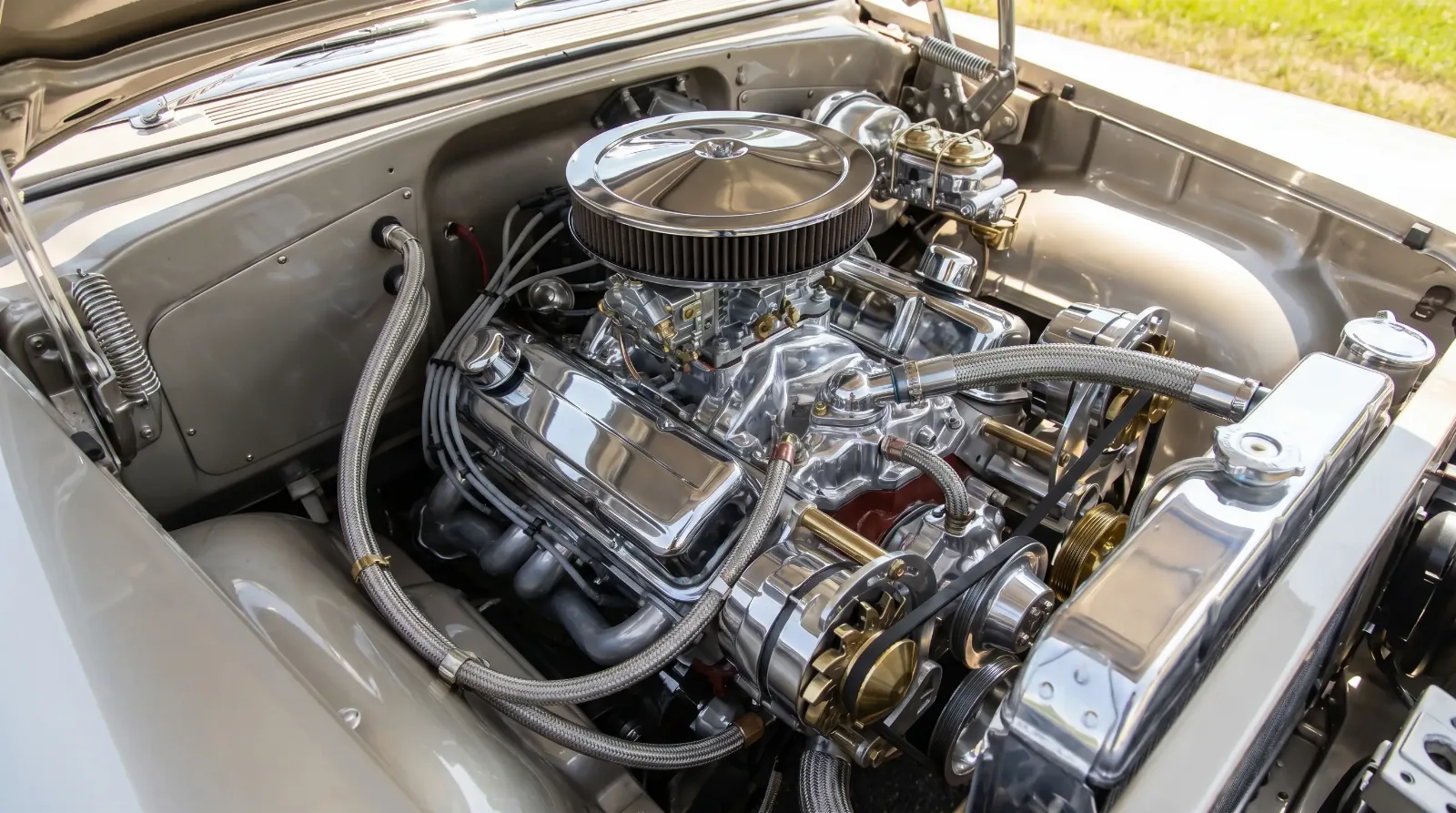 Chrome-dressed 1950s overhead-valve V8 engine bay