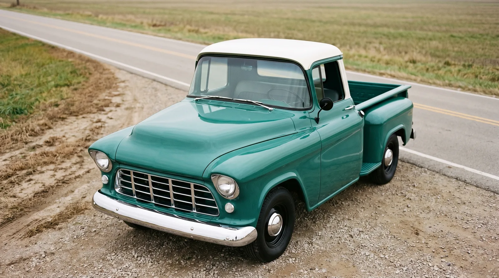 1955 Chevrolet 3100 Task Force pickup, empty two-lane country road