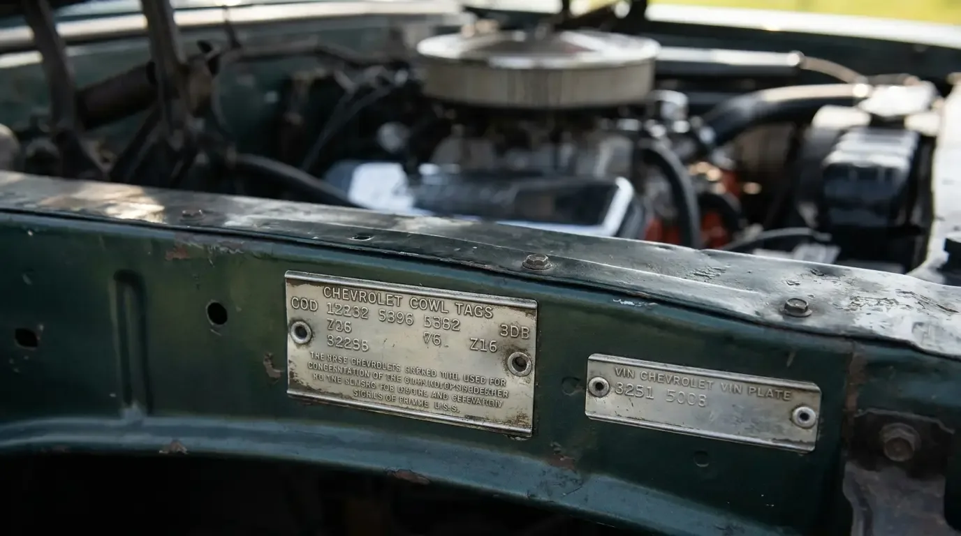 1965 Chevelle Z16 cowl tag and VIN plate on the firewall with the 396 engine bay behind it