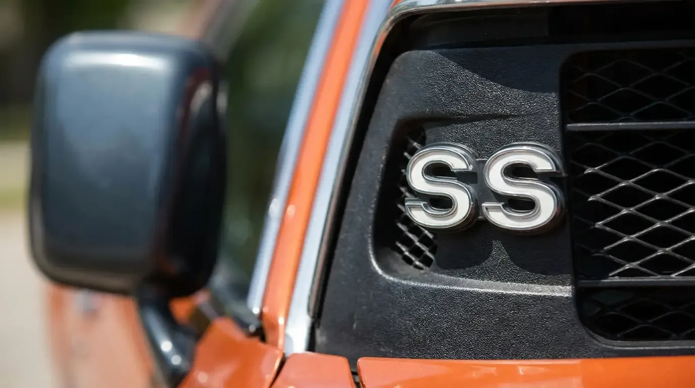 1973 Chevelle Malibu SS — badge and blacked-out grille detail