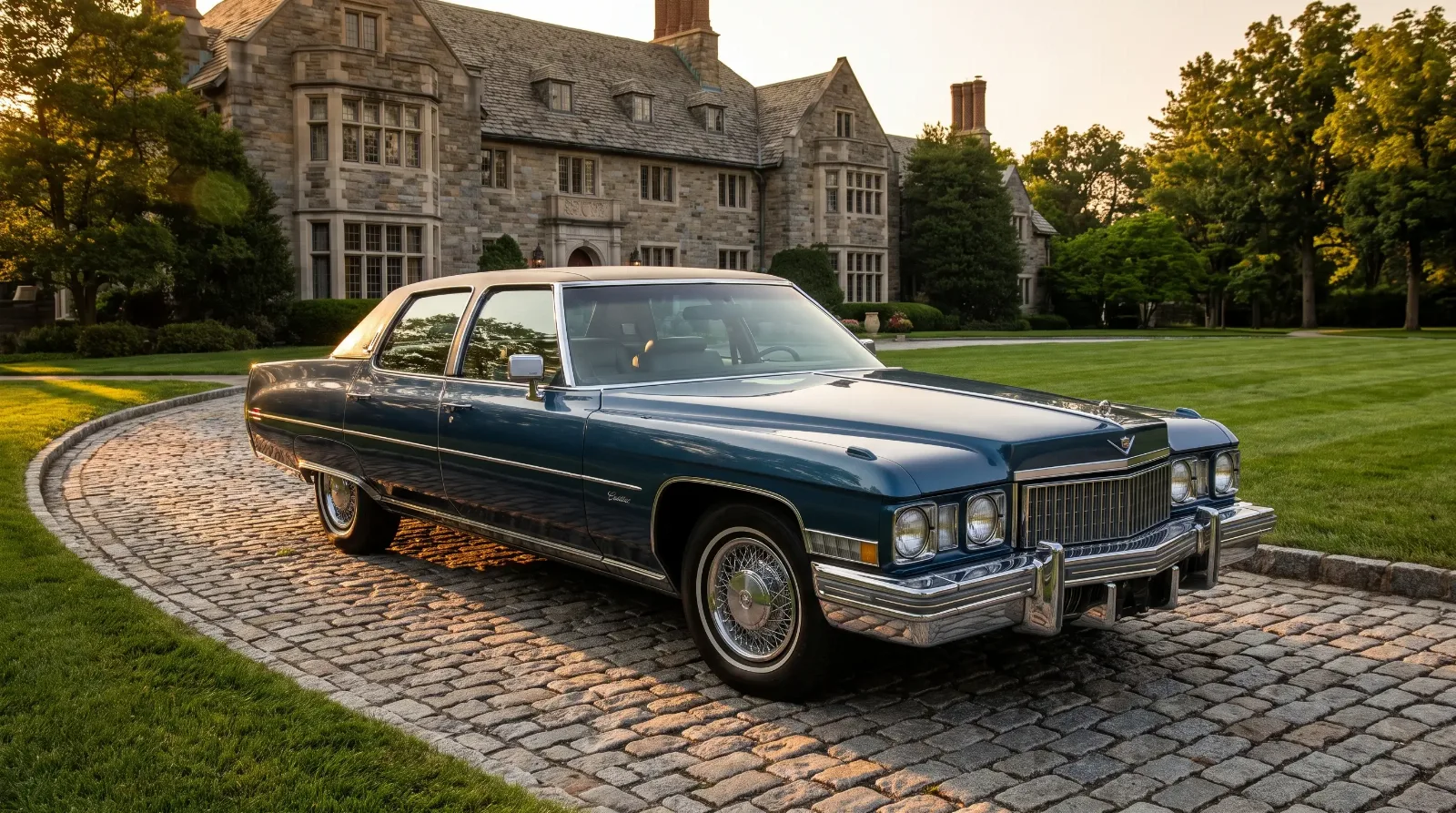 1973 Cadillac Fleetwood full-size luxury sedan on an estate driveway, the last of the big pre-downsizing American land yachts