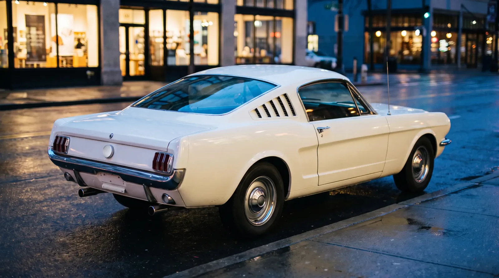 1965 Ford Mustang 2+2 fastback, parked downtown at dusk