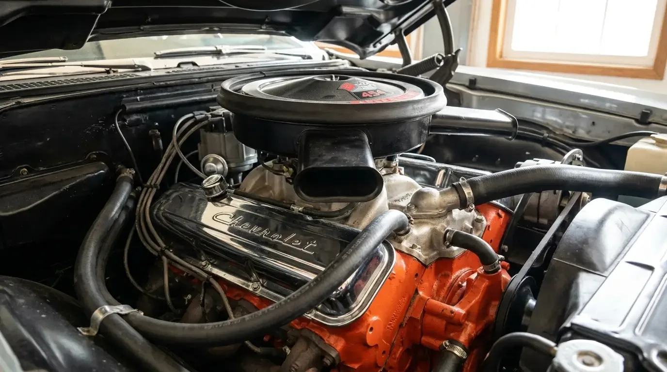 1970 Chevrolet Chevelle big-block engine bay — dual-snorkel air cleaner detail