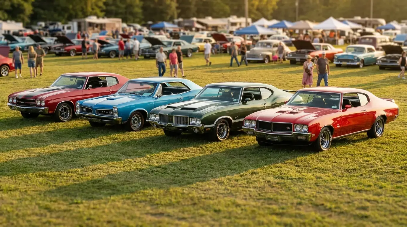Chevelle SS, GTO, 442 and GS lined up side by side at a car show