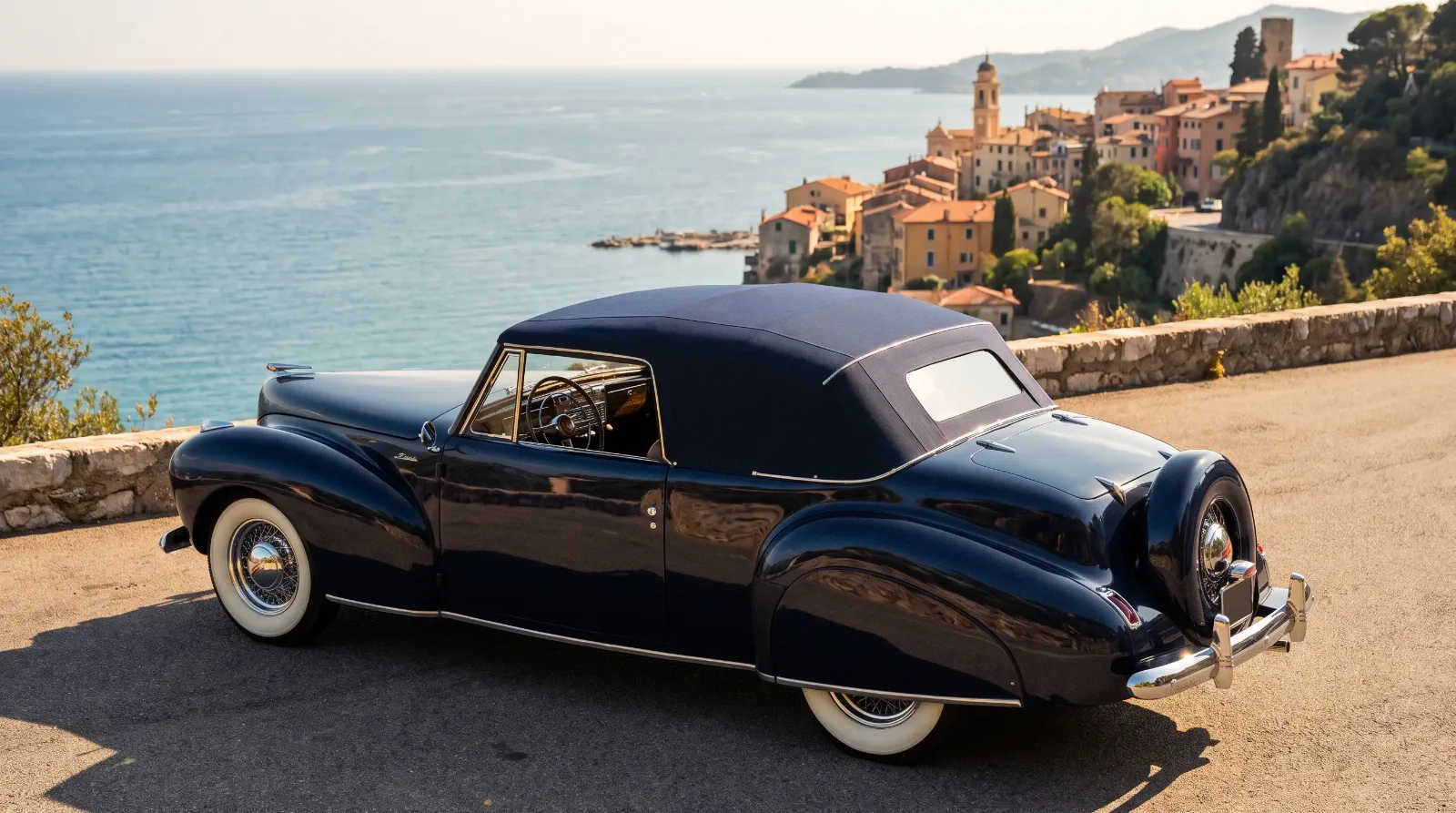 1940 Lincoln Continental Cabriolet on a coastal road, its long hood and rear-mounted spare tire defining the original Continental look