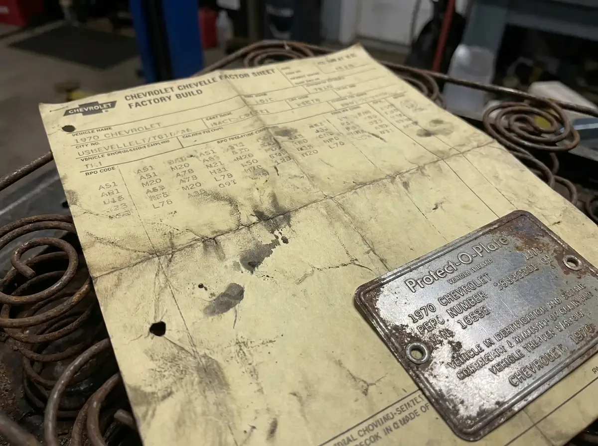 Chevelle build sheet and Protect-O-Plate - factory documentation close-up