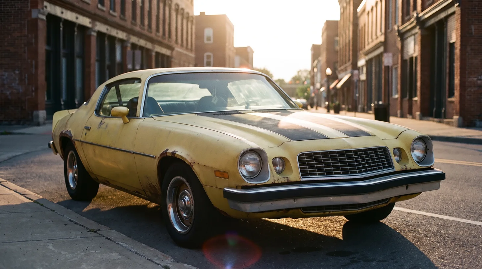 1977 Chevrolet Camaro in faded yellow with black stripes, city street at sunset