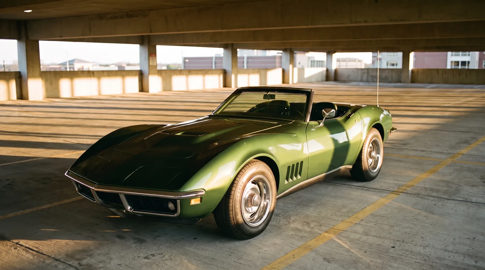 1968 Chevrolet Corvette convertible, golden light in a parking garage