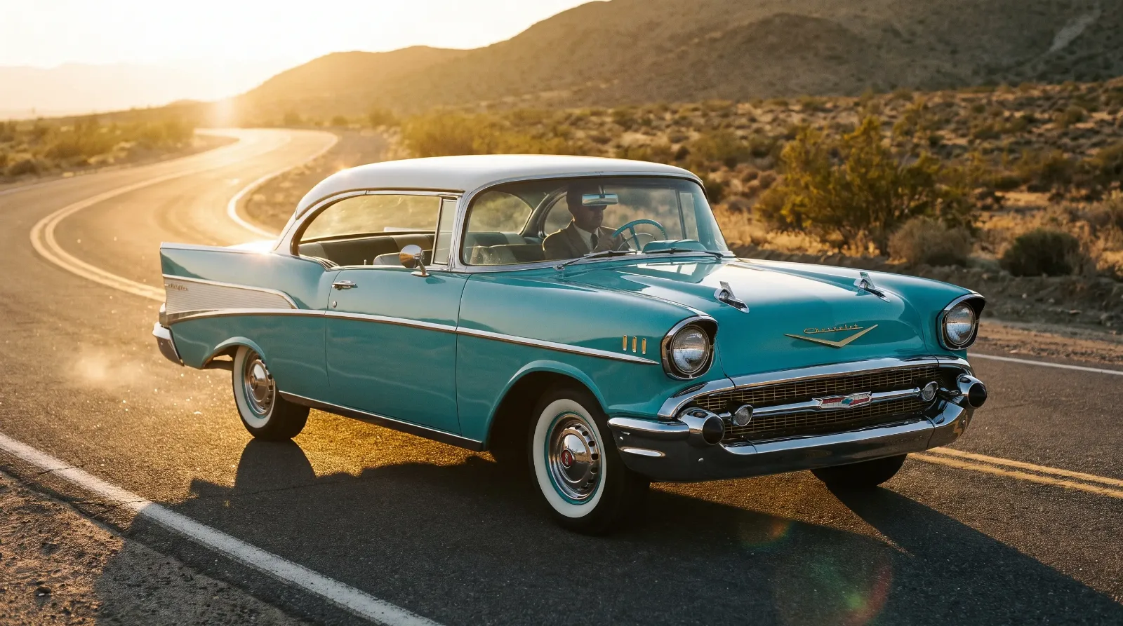 1957 Chevrolet Bel Air, three-quarter front view, cinematic editorial hero photo