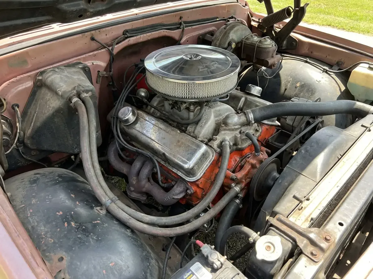 Square body Chevrolet C10 -- big-block V8 engine bay detail