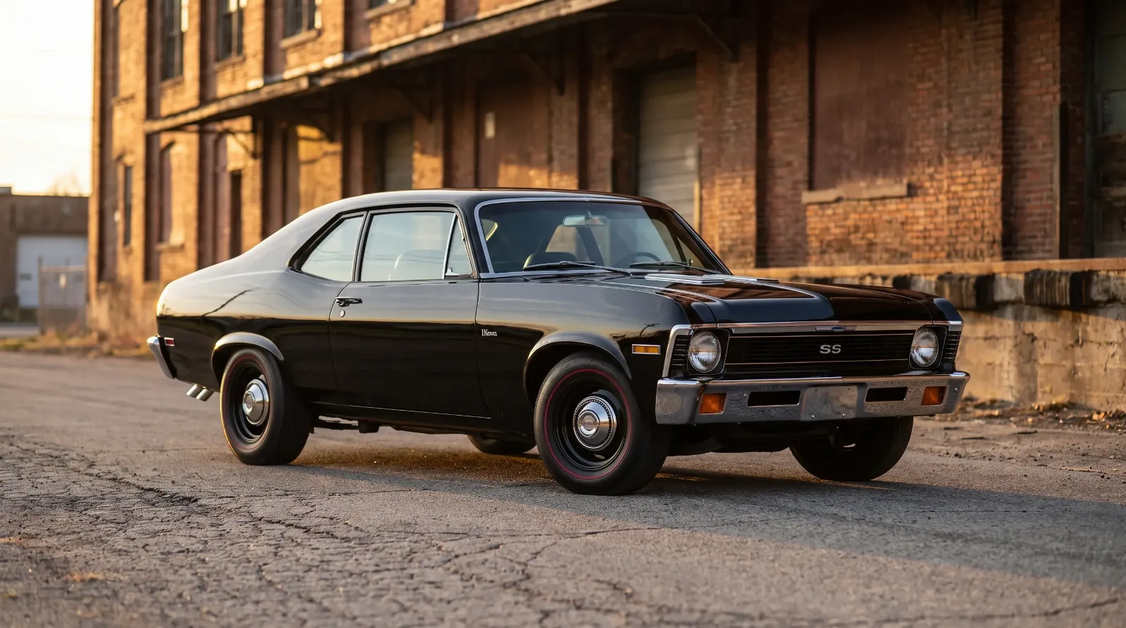 Black 1968 Chevrolet Nova SS coupe parked at a three-quarter hero angle in golden-hour light