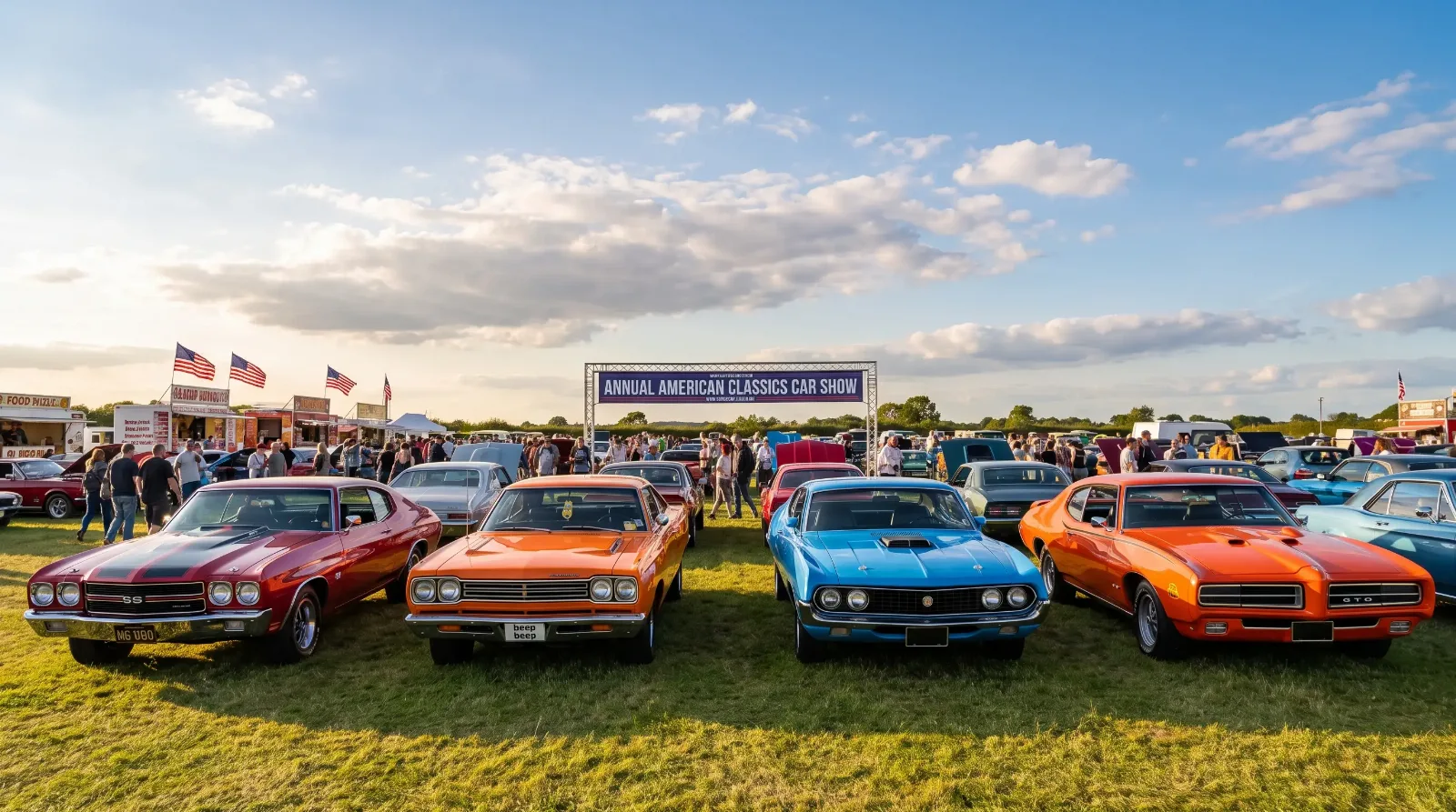Lineup of classic American muscle cars at an outdoor car show
