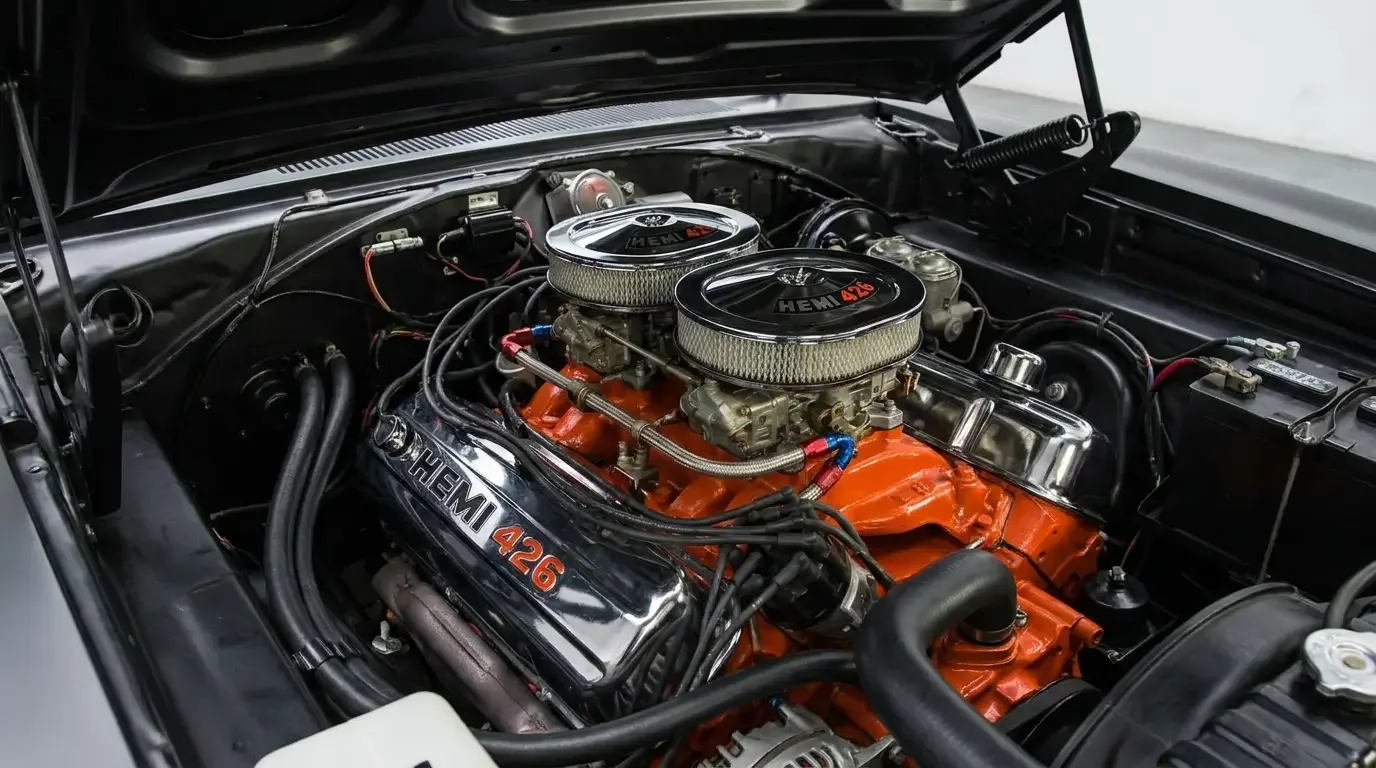 426 Hemi V8 engine bay in a 1969 Dodge Charger - dual quad carburetors