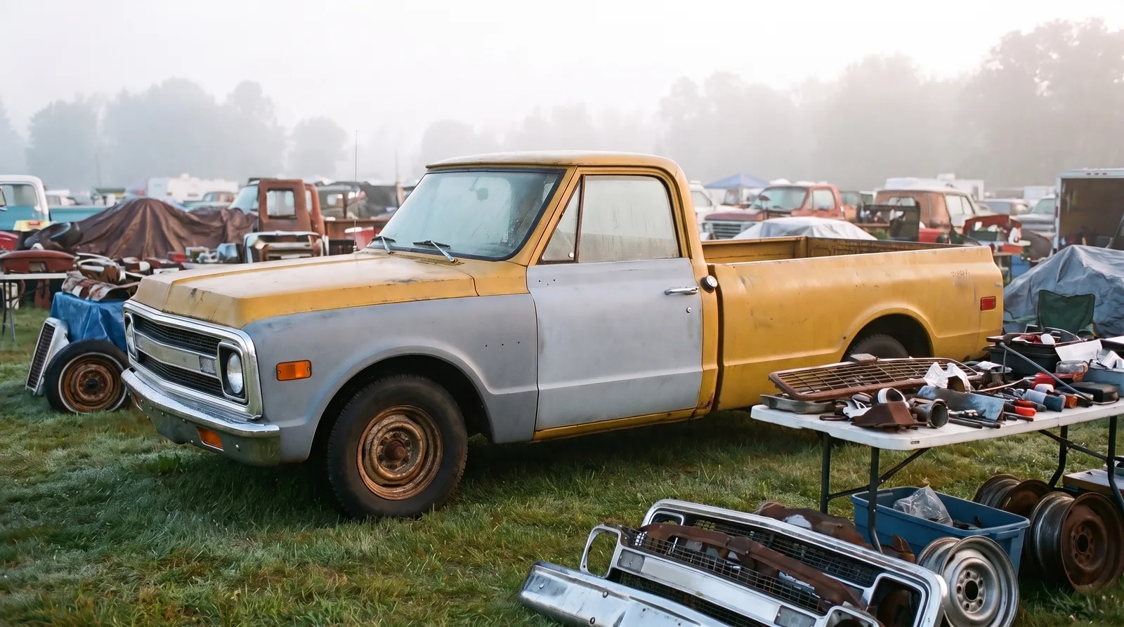 1970 Chevrolet C10 pickup mid-restoration, misty morning swap meet
