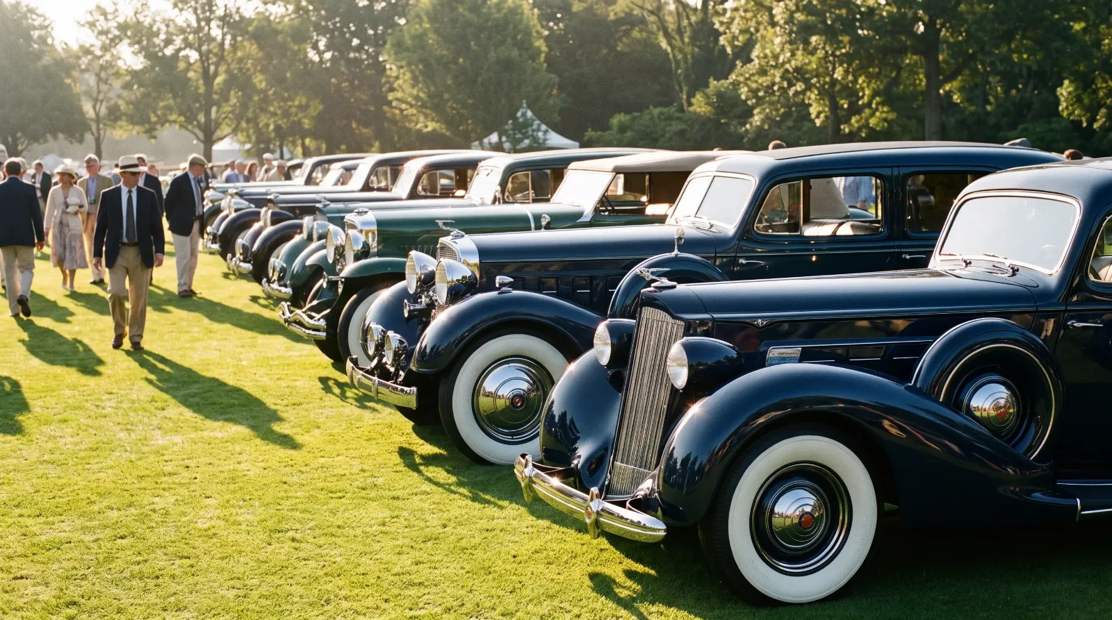 Row of 1930s American coachbuilt luxury cars on a concours lawn