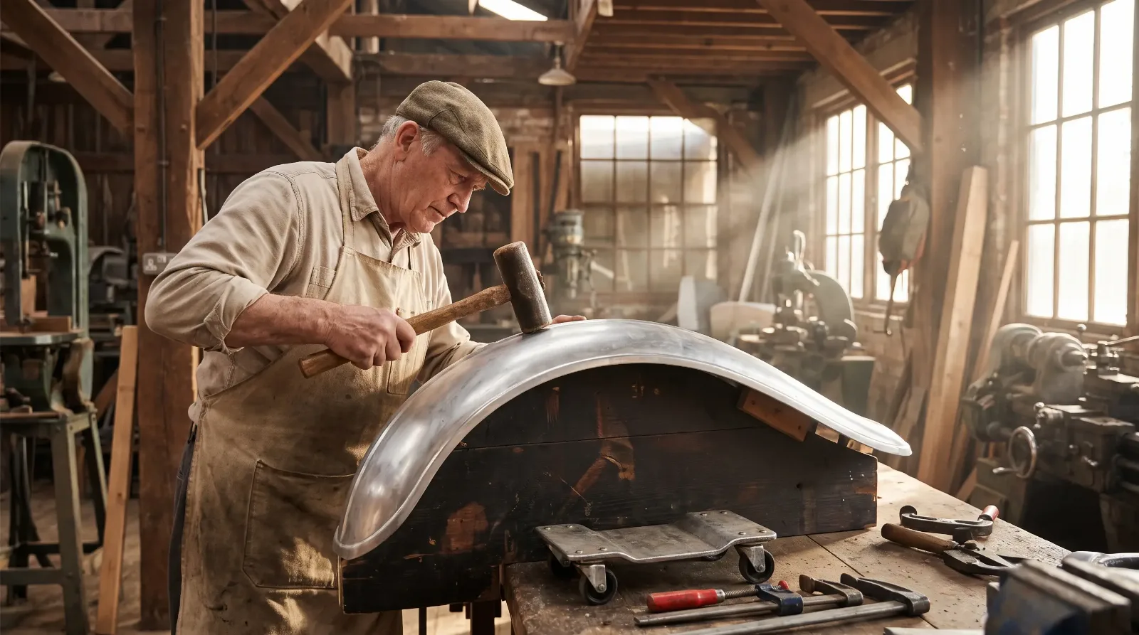 Craftsman hammering an aluminum body panel over a wooden buck