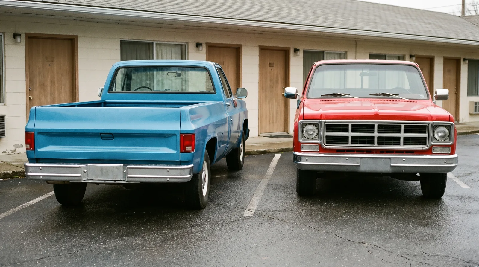 1970s GMC C15 and Chevrolet C10 pickups, side by side at a motel