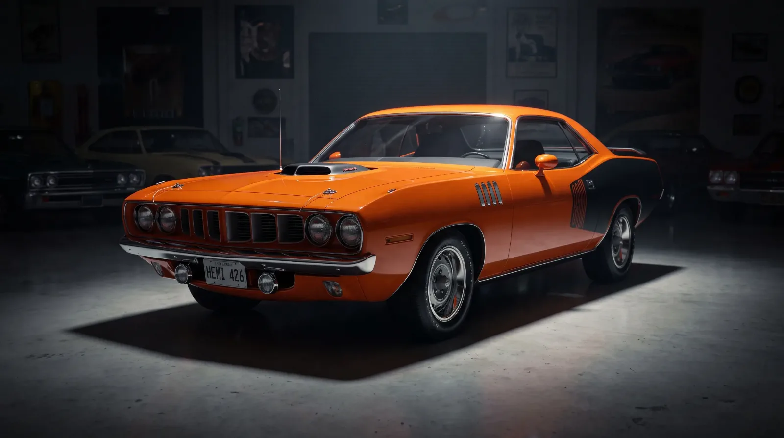 Orange 1971 Plymouth Hemi Cuda under a spotlight in a collector showroom