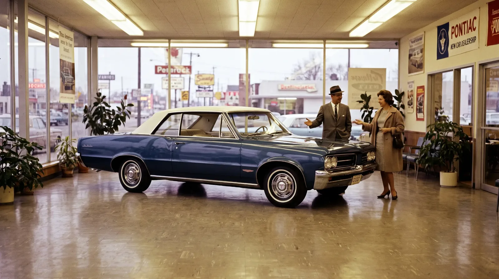 A new 1964 Pontiac GTO on a period dealership showroom floor