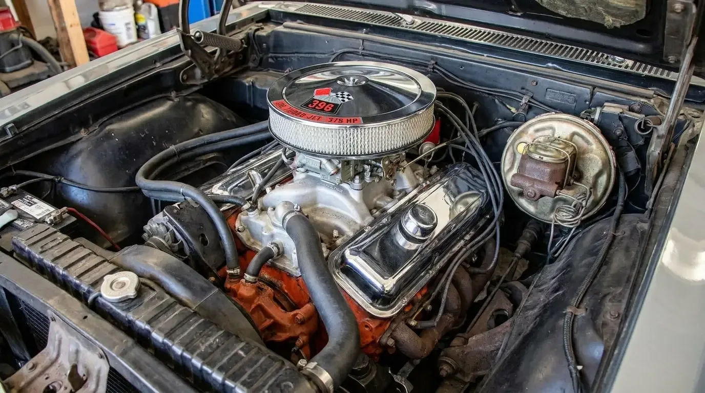 Chevelle SS396 L78 engine bay - rectangular port heads and Holley carburetor