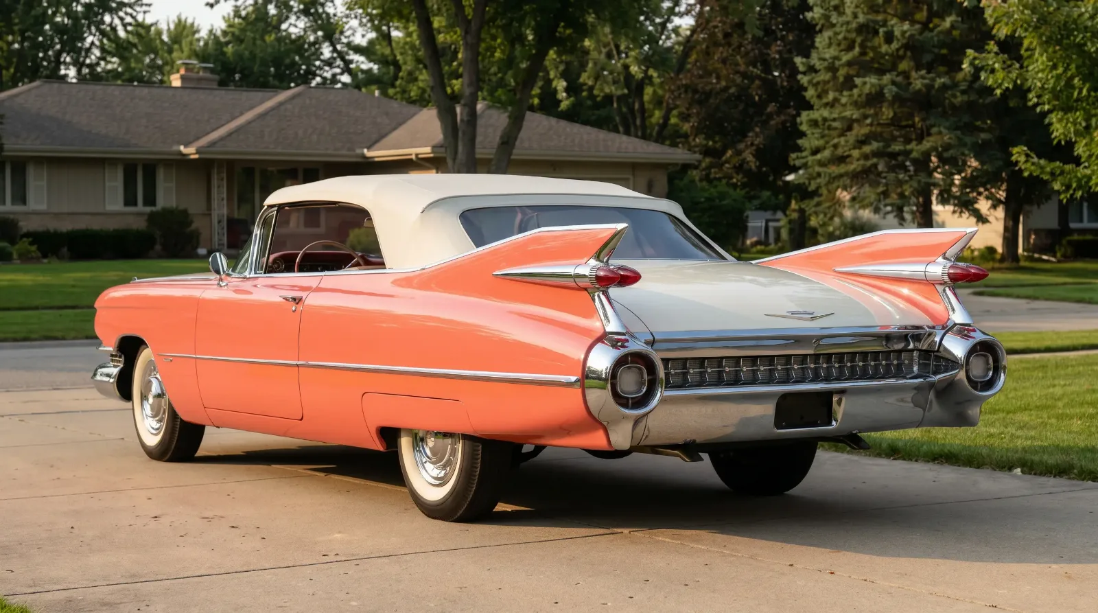 1959 Cadillac land yacht with towering tail fins and chrome