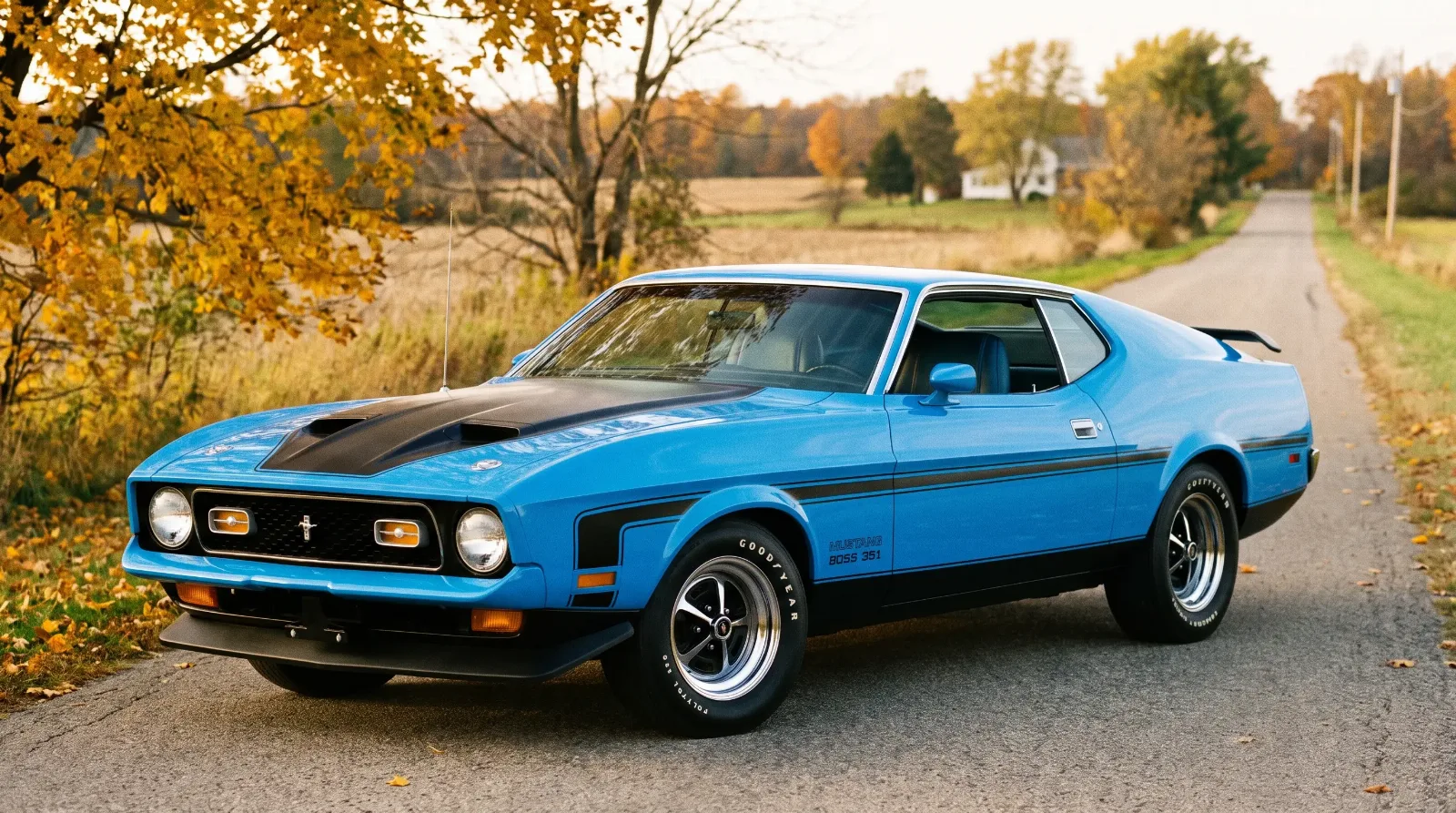 A 1971 Ford Mustang Boss 351 in a static show view, one of the last real muscle cars of the era.