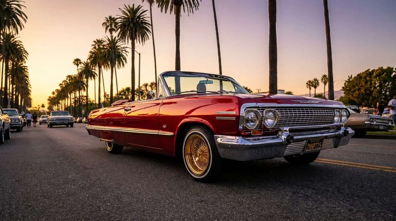 A gleaming candy-painted 1963 Chevrolet Impala lowrider laid low on gold wire wheels, cruising a palm-lined boulevard at golden hour