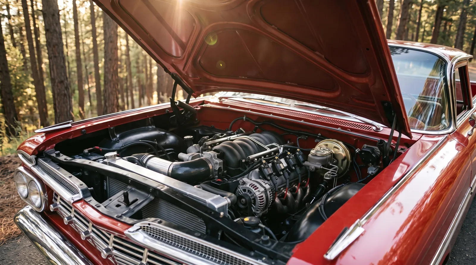 GM LS V8 swapped into a 1959 Chevrolet El Camino, hood up on a forest road