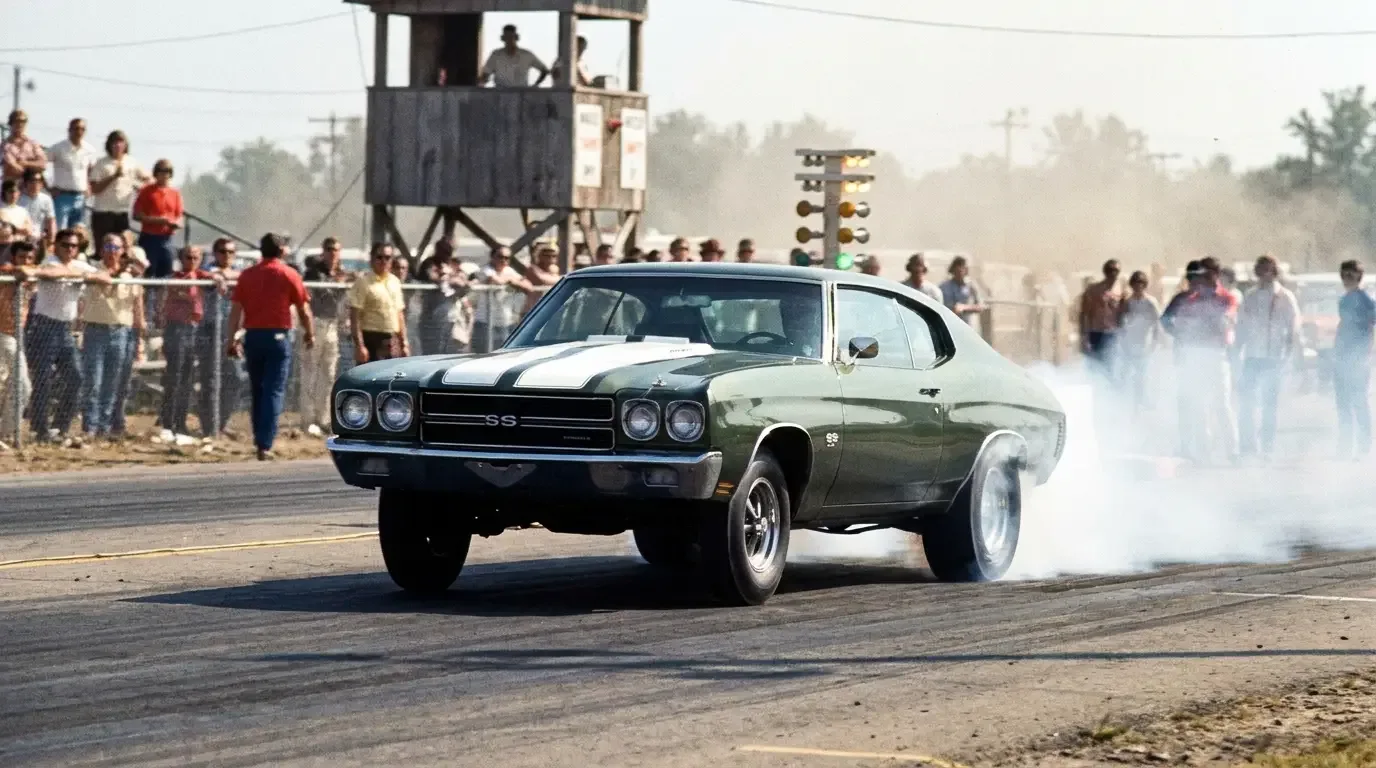 1970 Chevrolet Chevelle LS6 454 launching hard at a period drag strip