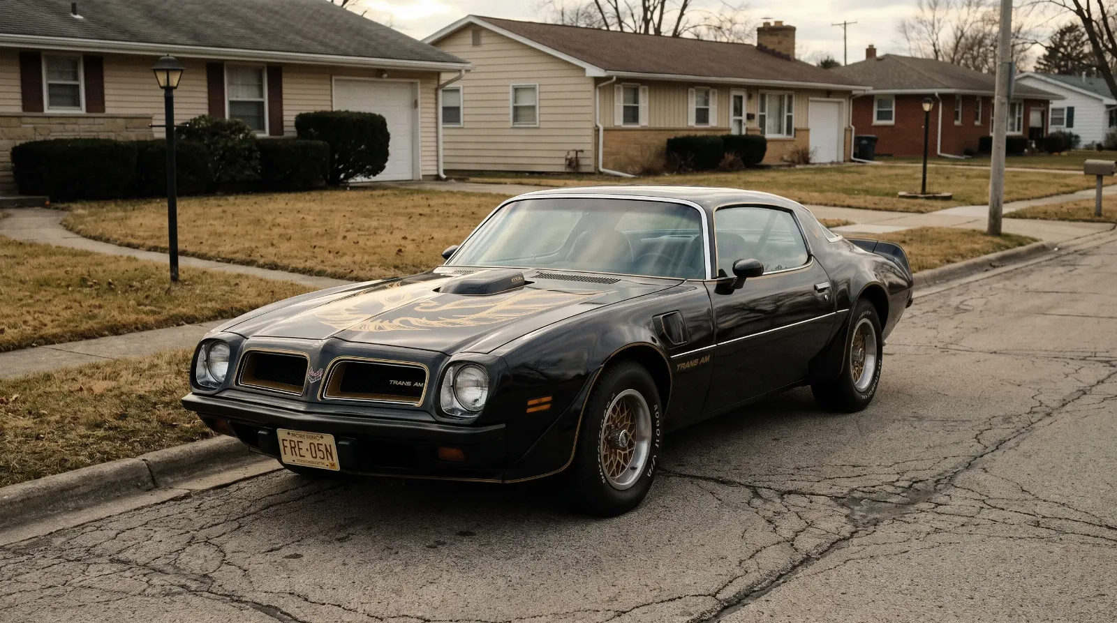 1976 Pontiac Trans Am 455 black and gold parked on a faded suburban street