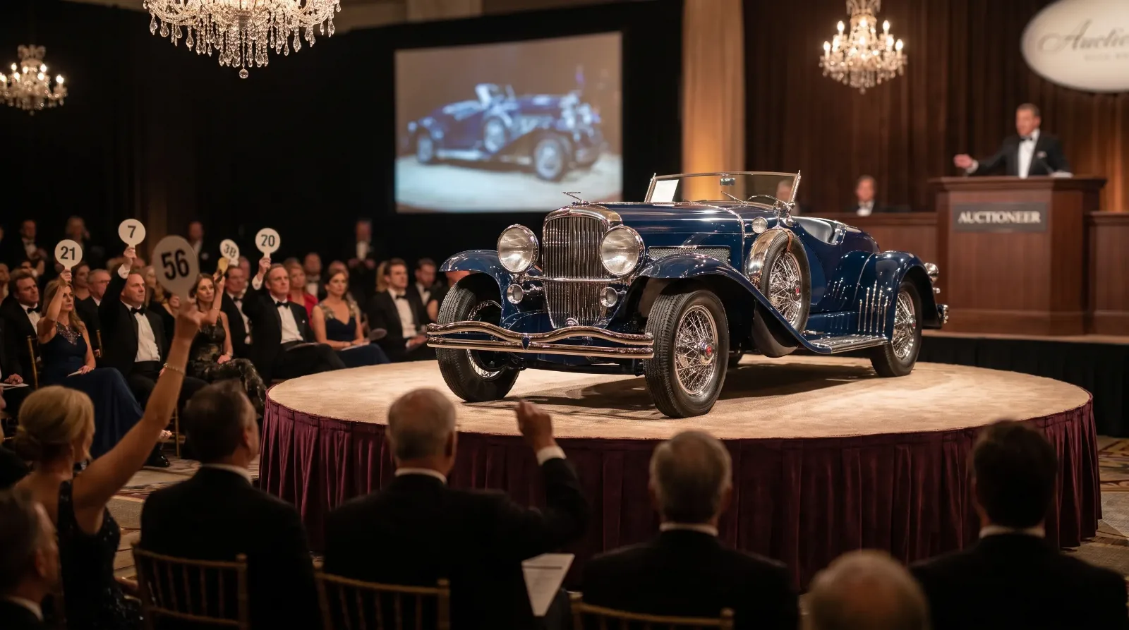 A 1935 Duesenberg SSJ roadster on a spotlit auction stage before bidders, the kind of record-setting sale that defines the classic luxury market