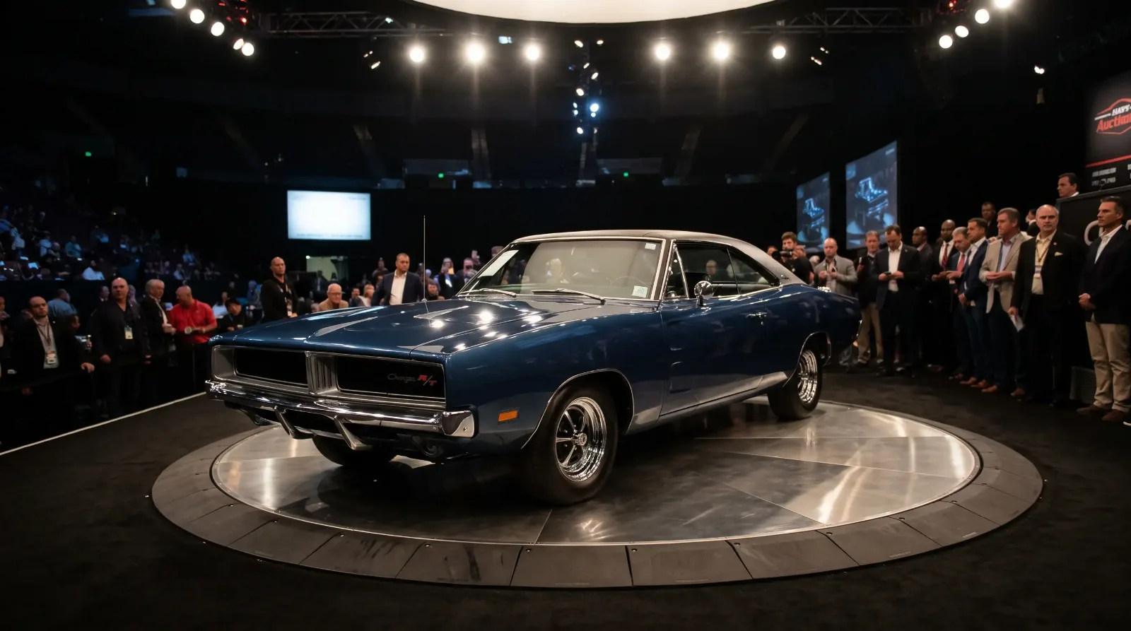 Blue Dodge Charger R/T under spotlights on a collector car auction stage