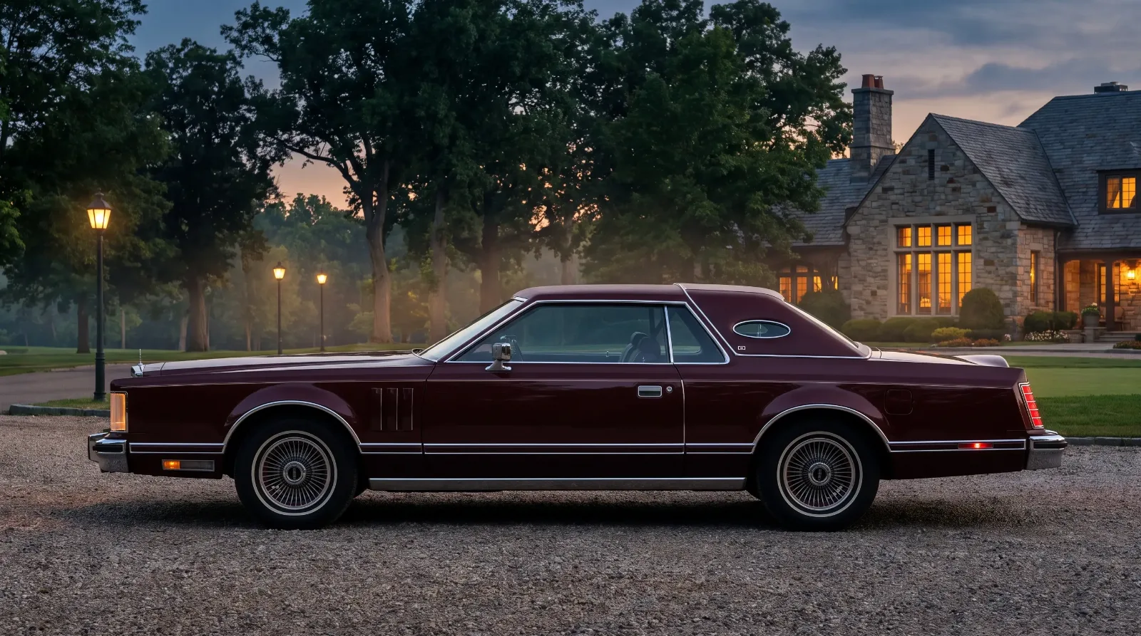 1977 Lincoln Continental Mark V in profile showing its long hood and short formal roof, the peak of the personal luxury coupe era