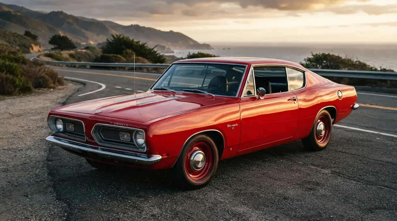 Classic Plymouth Barracuda fastback, three-quarter front view