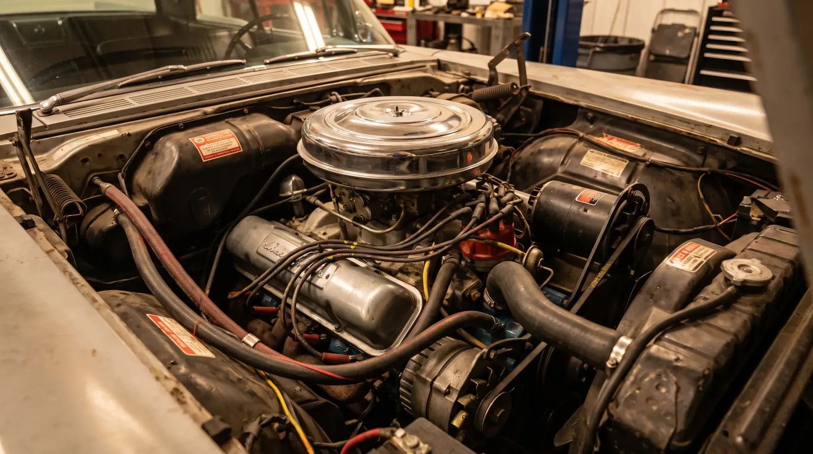 Open engine bay of a 1958 Lincoln showing the massive 430 cubic inch V8, the peak of the postwar Cadillac-versus-Lincoln horsepower race