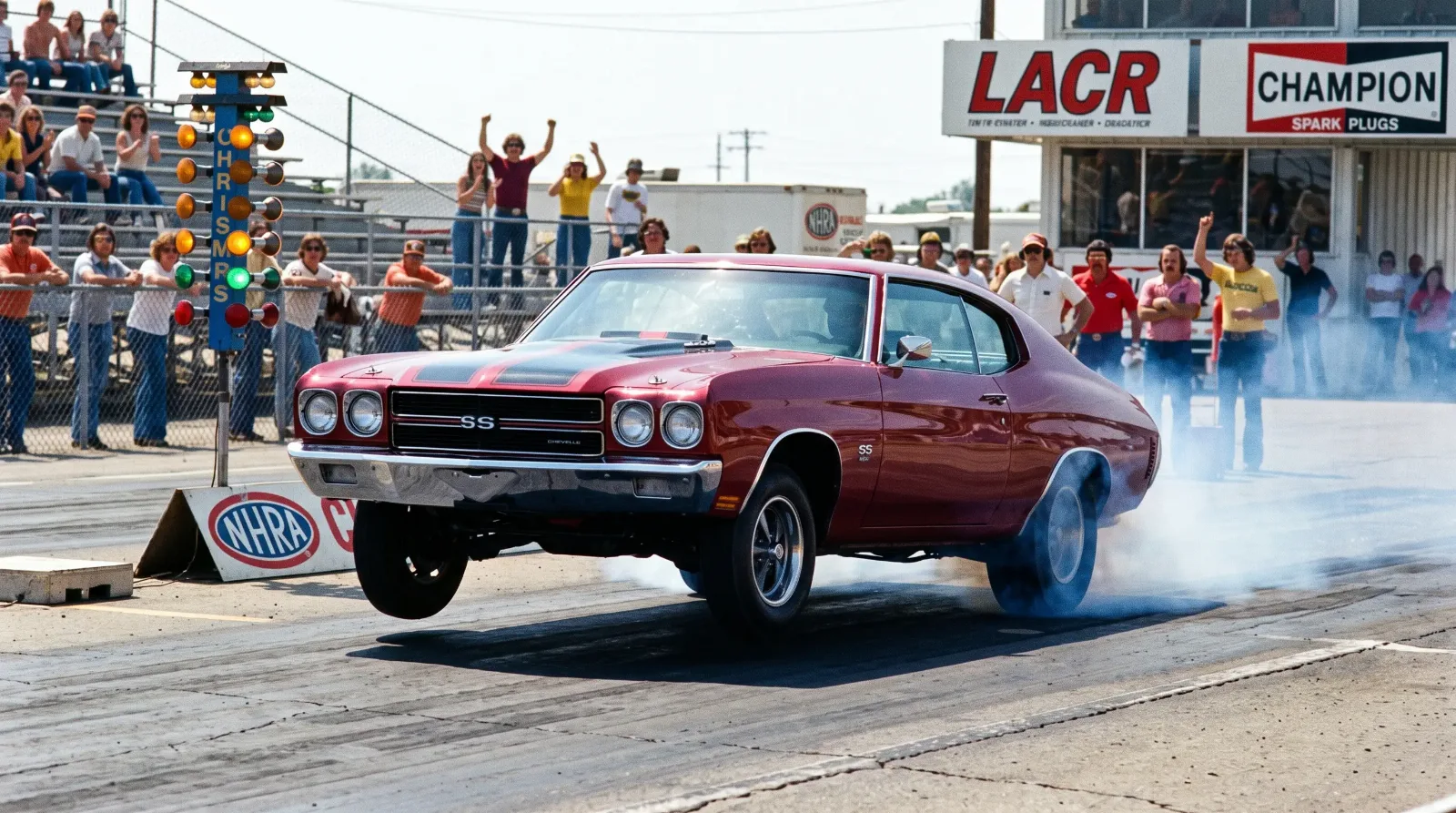 1970 Chevrolet Chevelle SS 454 launching off a drag strip starting line