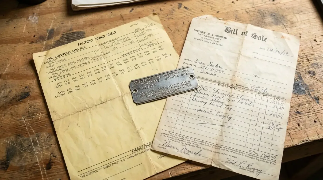 Original Chevelle build sheet and cowl tag on a workbench next to a dealer invoice