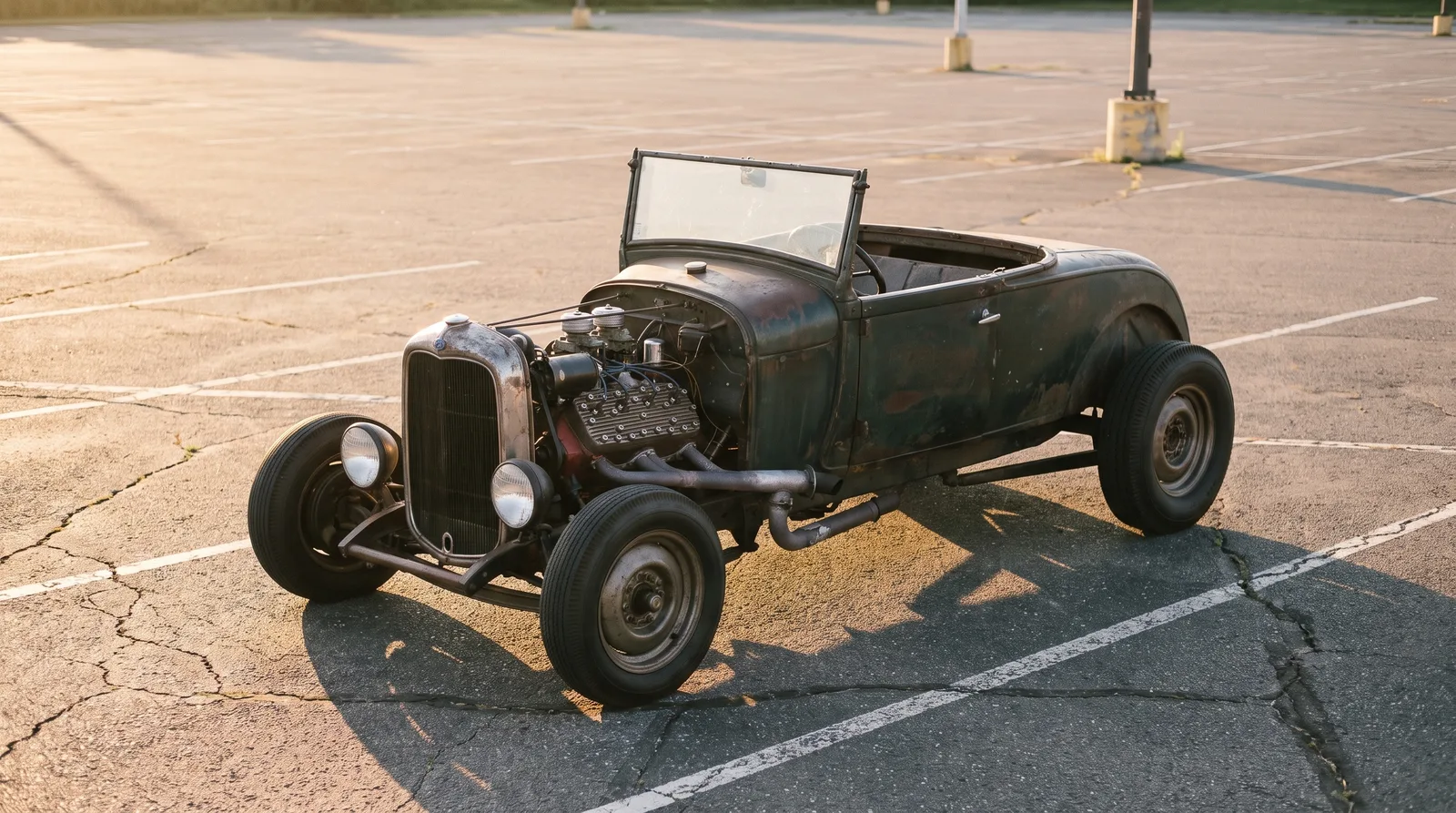 Ford Model A rat rod roadster, alone in an empty lot