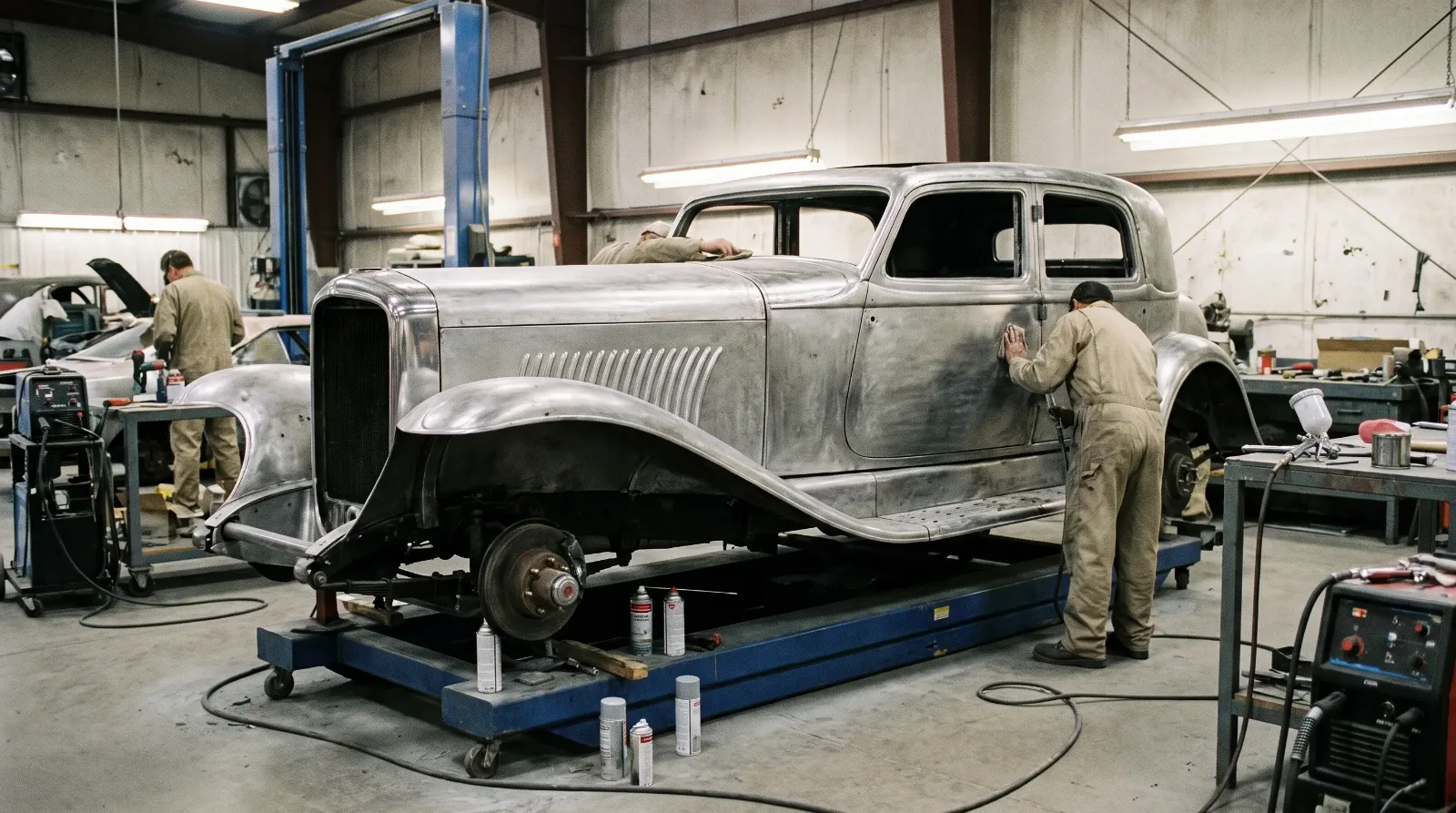 Classic luxury car body shell on a lift in a restoration workshop