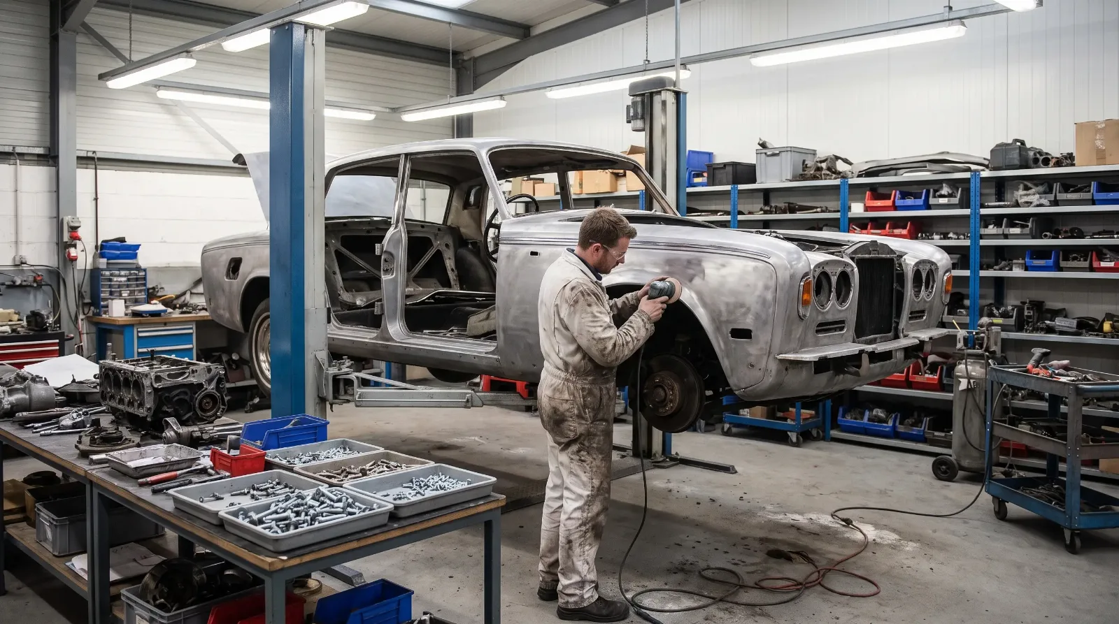 A Rolls-Royce Silver Shadow on a lift mid-restoration with panels stripped to bare metal, showing where the real cost of restoring a luxury car goes