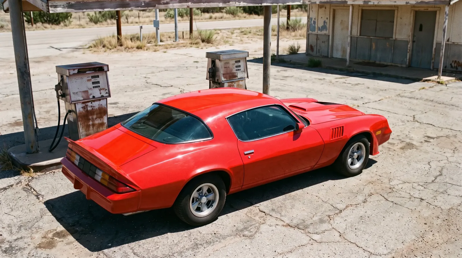 1979 Chevrolet Camaro Z28 at an old roadside gas station