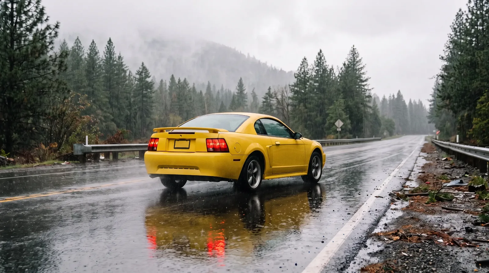 2000 Ford Mustang GT, on a rainy mountain road