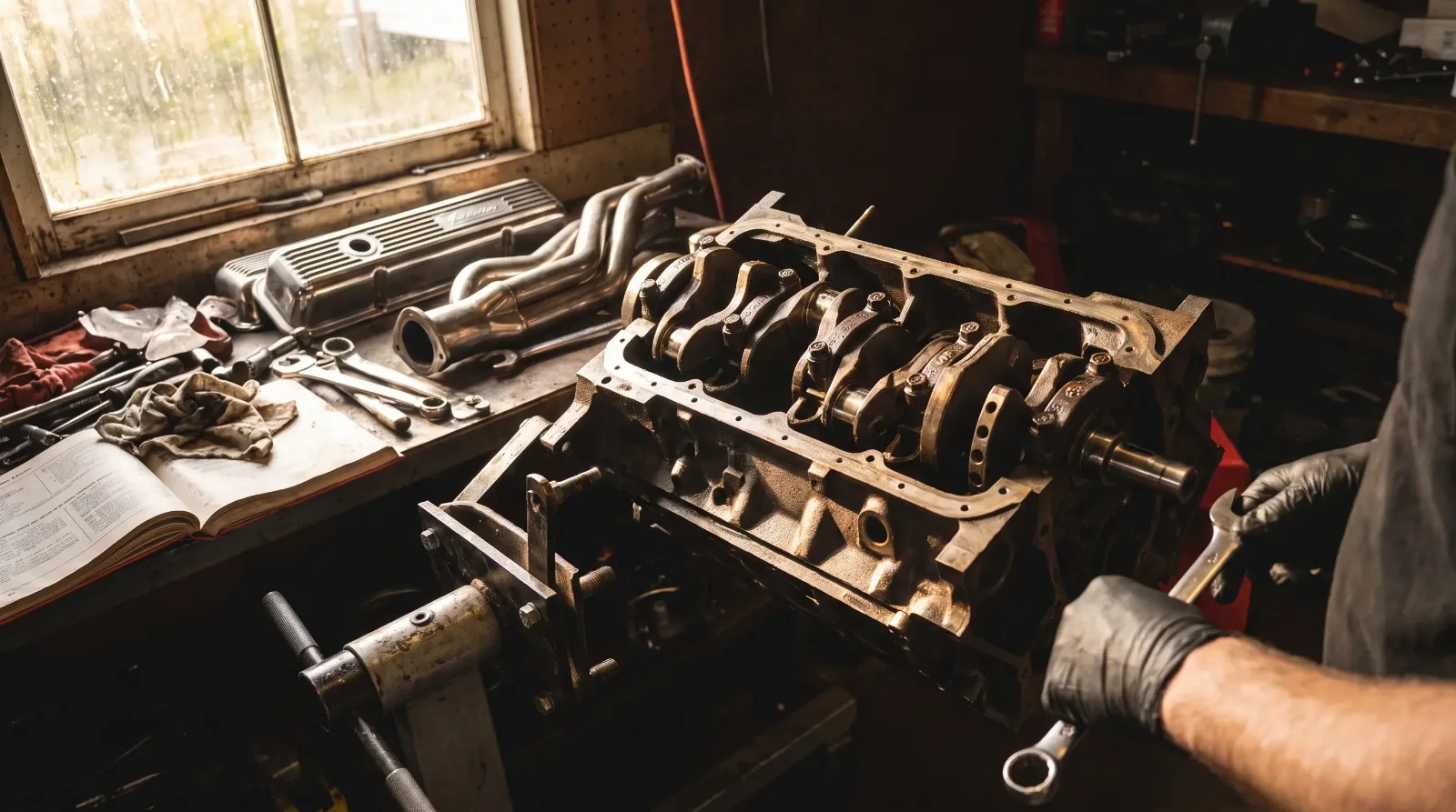 Classic American big-block V8 engine on a stand in a restoration shop