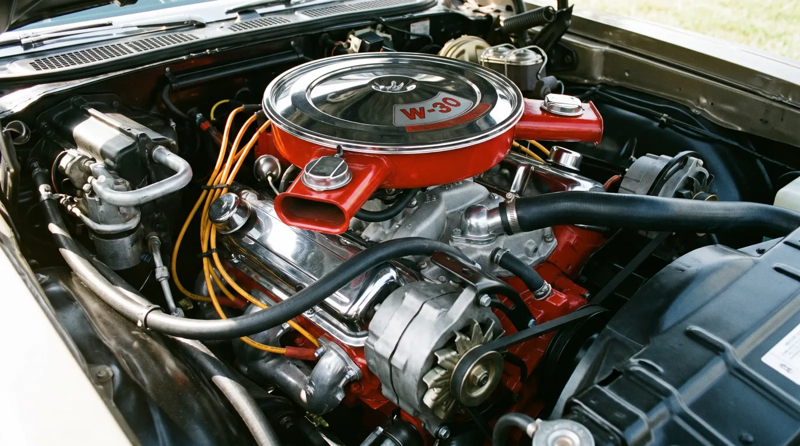 1970 Oldsmobile 442 W-30 455 big-block V8 engine bay with chrome valve covers