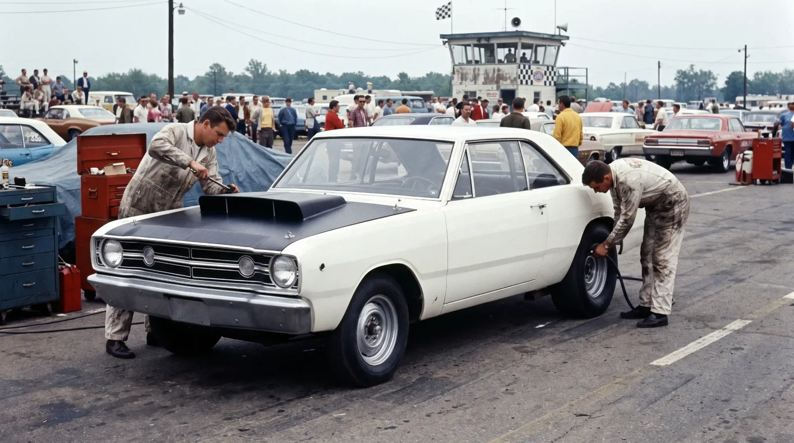 1968 Dodge Hemi Dart Super Stock drag car in the pits at a vintage dragstrip