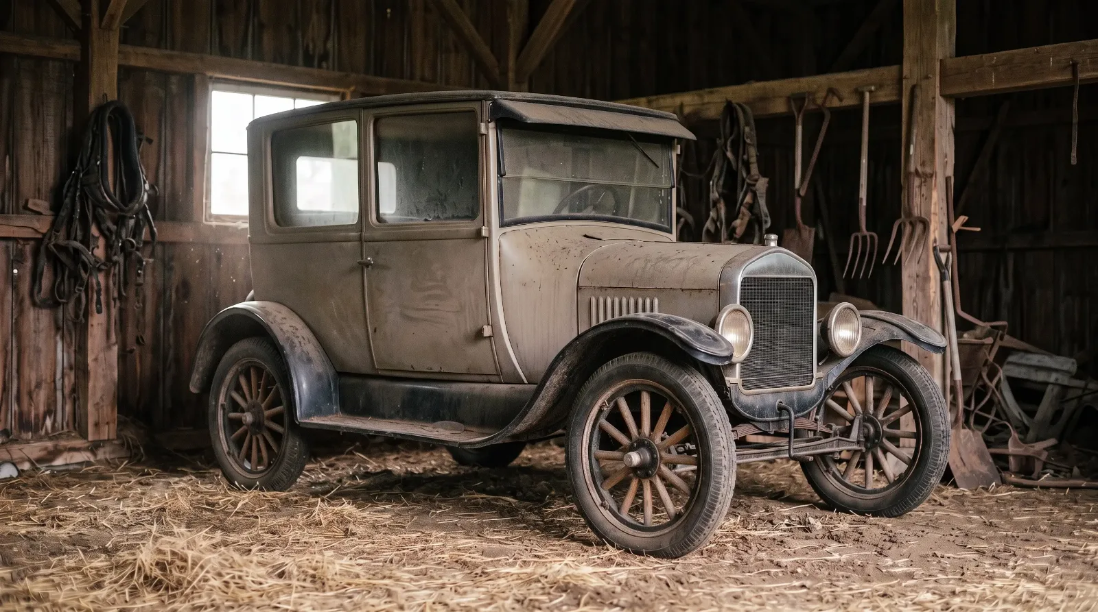 1926 Ford Model T Tudor, dusty and stored in an old timber barn