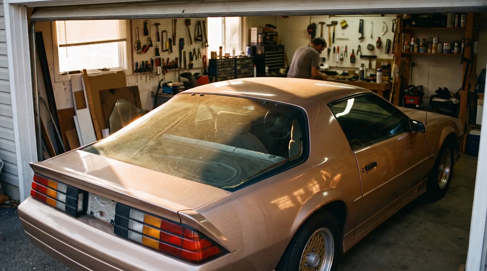 1982 Chevrolet Camaro Z28, big glass hatch in a home garage