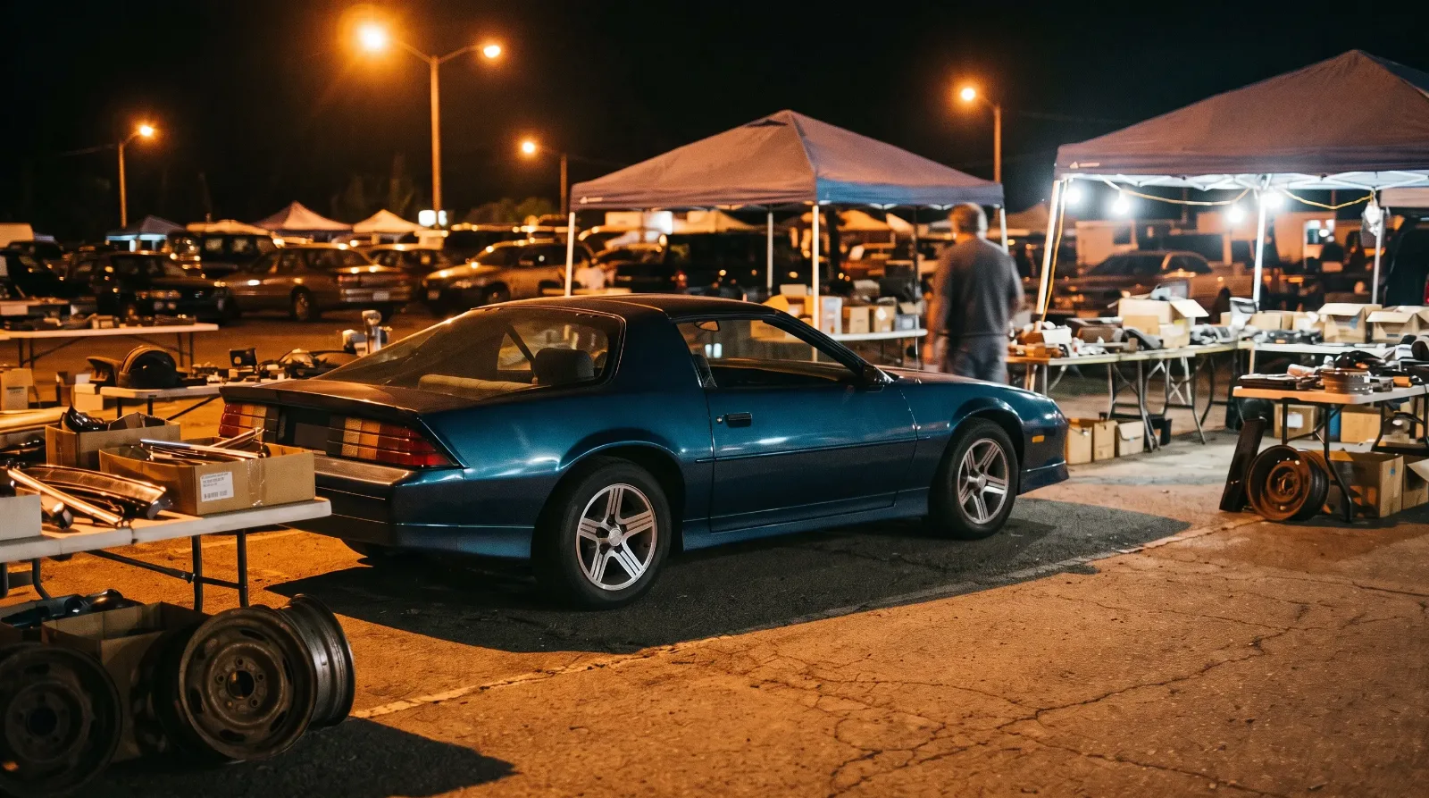Third-generation Chevrolet Camaro, at a swap meet after dark