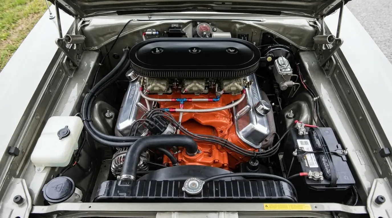 440 Six Pack triple two-barrel carburetor setup on a Mopar big-block V8
