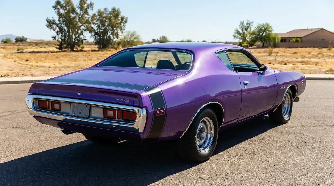 1971 Dodge Charger in Plum Crazy High Impact purple — full body view